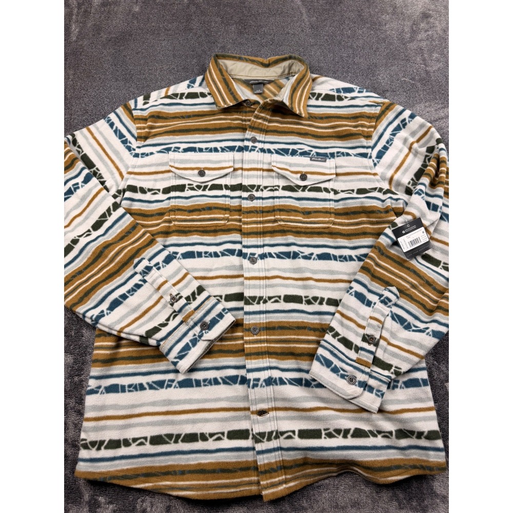 Eddie Bauer Mens Chutes‎ Microfleece Shirt Tawny Striped Fleece Button Up Large